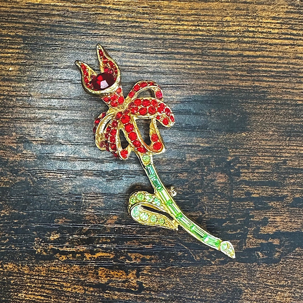 Vintage 1980s Red & Green Rhinestone Orchid Flower Brooch